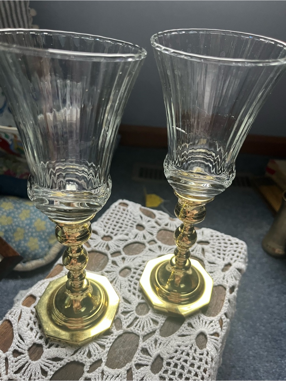 Pair of Elegant Baldwin candlesticks w: Glass fluted peg votives
